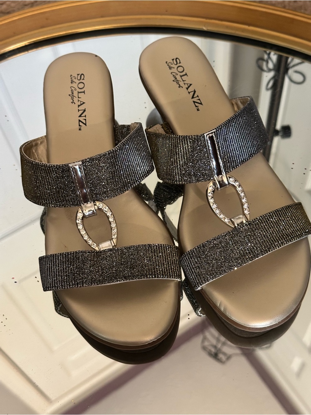 Solanz Saks comfort Metallic Black Slide Sandals with Crystal Accent